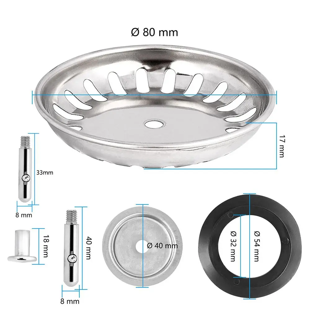 Abflusssieb Spüle Edelstahl mit Dichtung und Stöpselstange – Silber – 80 mm