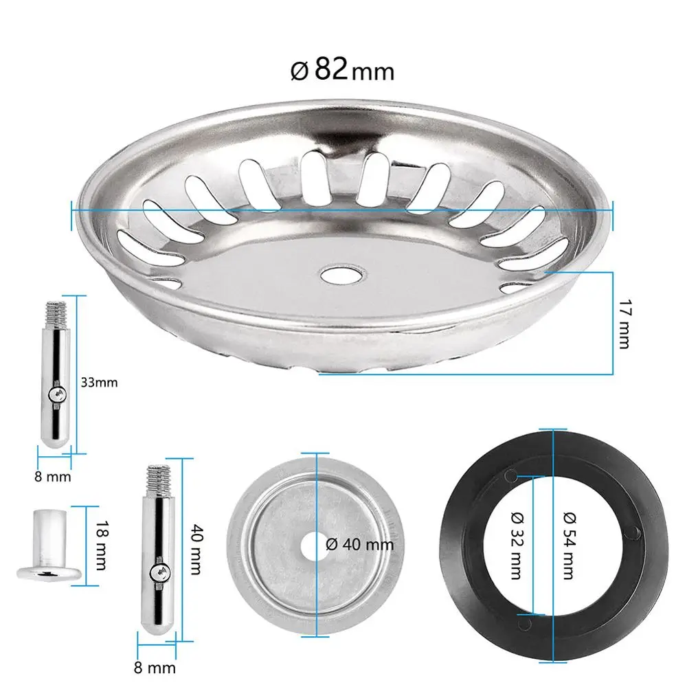 Abflusssieb Spüle Edelstahl mit Dichtung und Stöpselstange – Silber – 82 mm