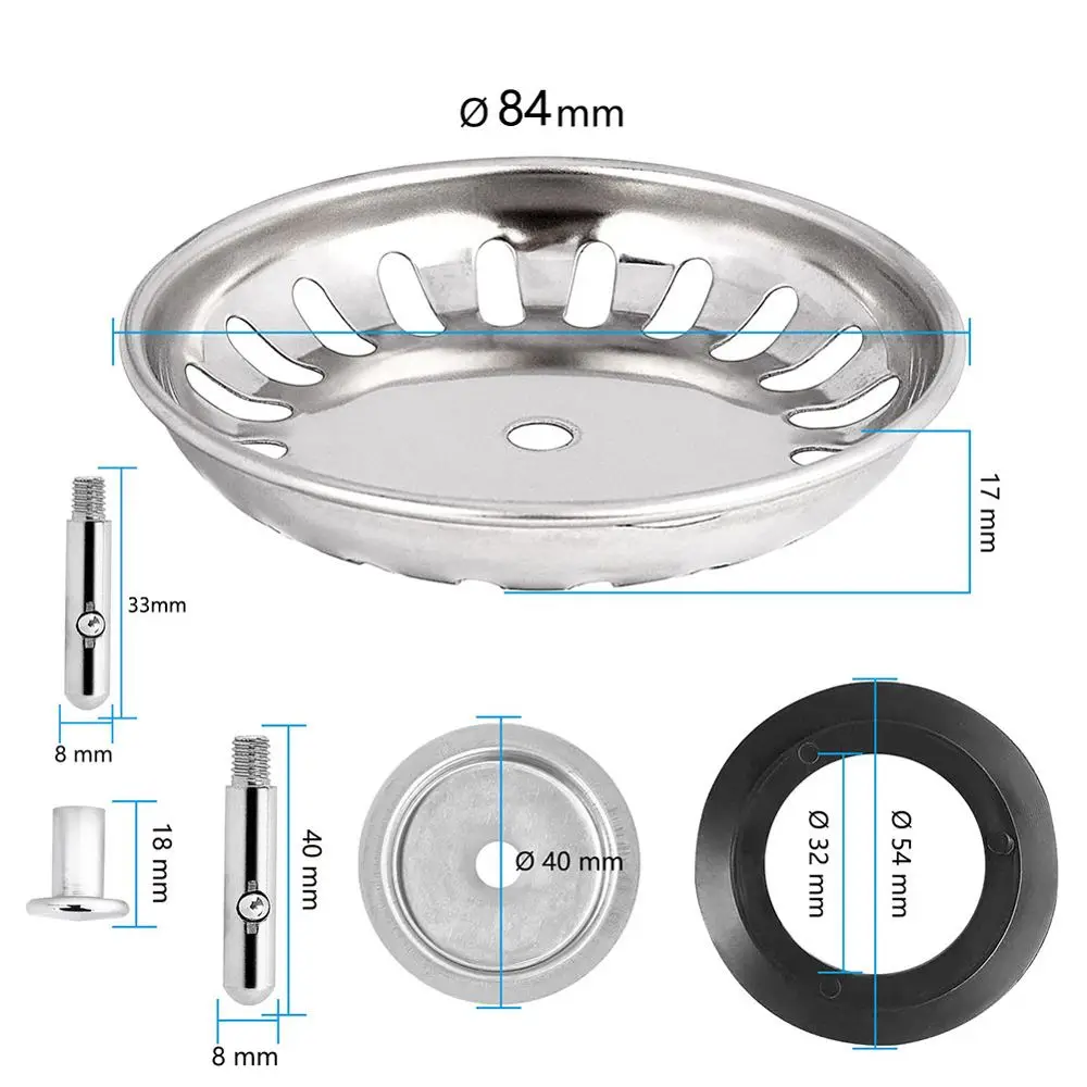 Abflusssieb Spüle Edelstahl mit Dichtung und Stöpselstange – Silber – 84 mm